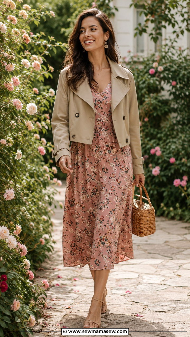 Cropped Trench Coat with a Floral Midi Dress - 20 how to style cropped trench outfits