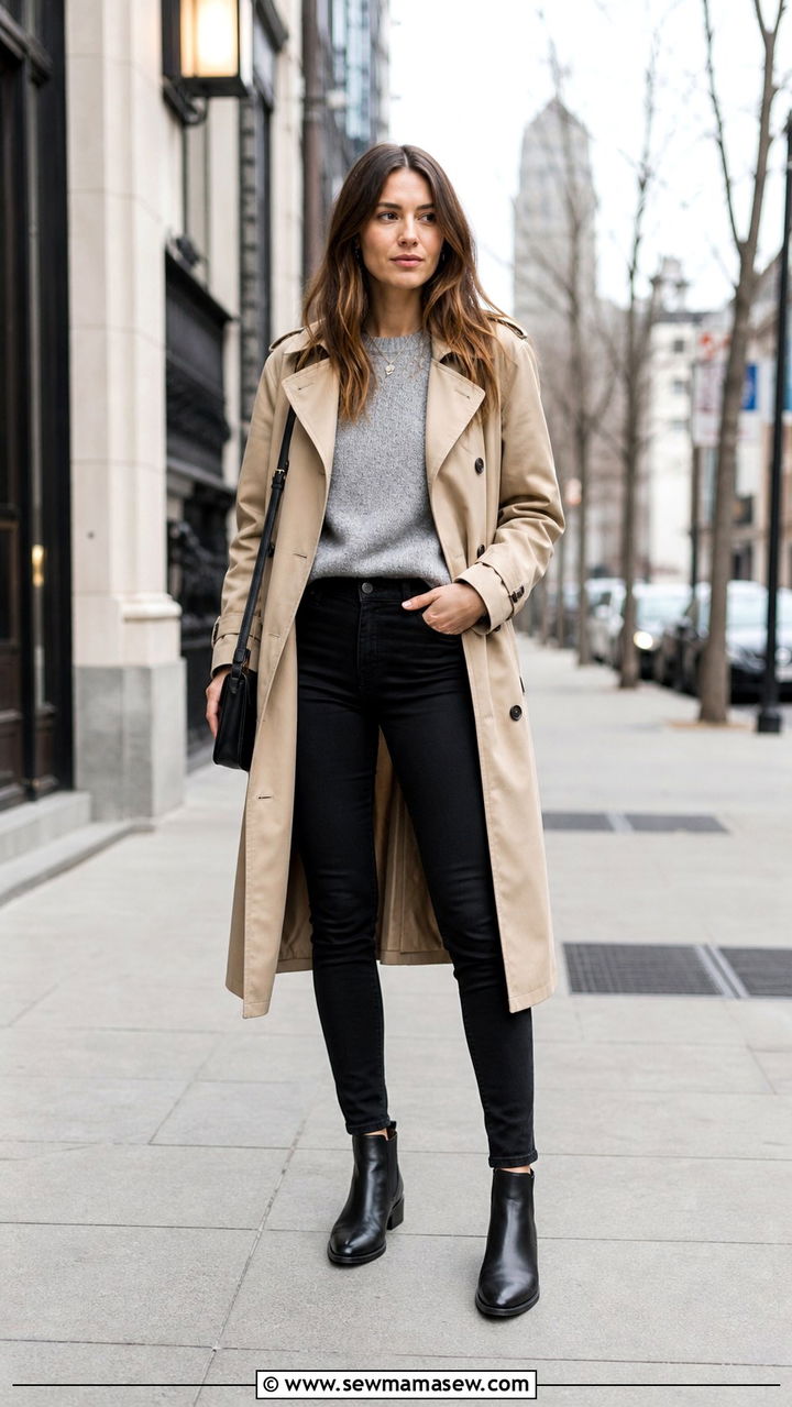 Cropped Trench Coat with a Mini Skirt and Knee High Boots - 40 casual trench coat outfits