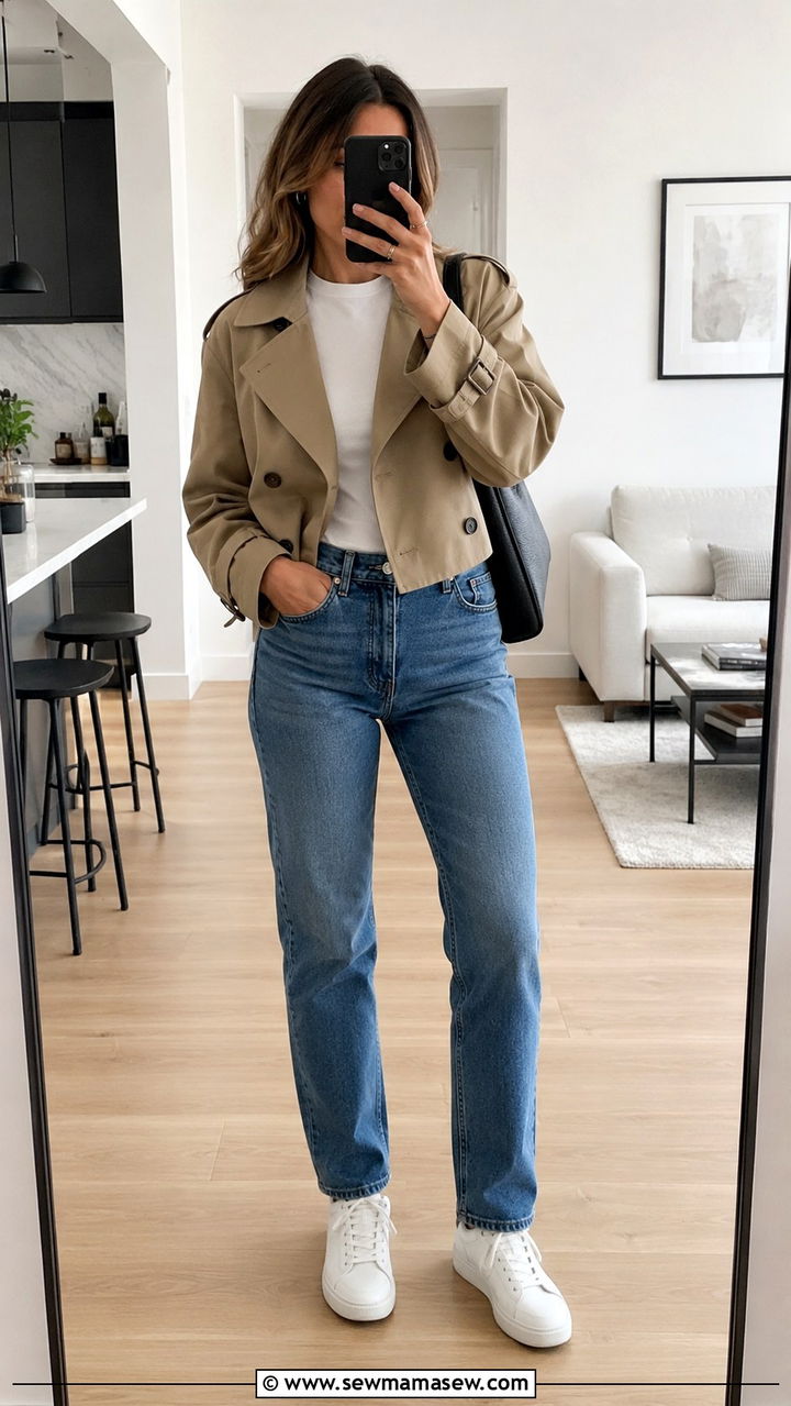 Cropped Trench Coat with a White Crew Neck Tee and Jeans - 20 how to style cropped trench outfits