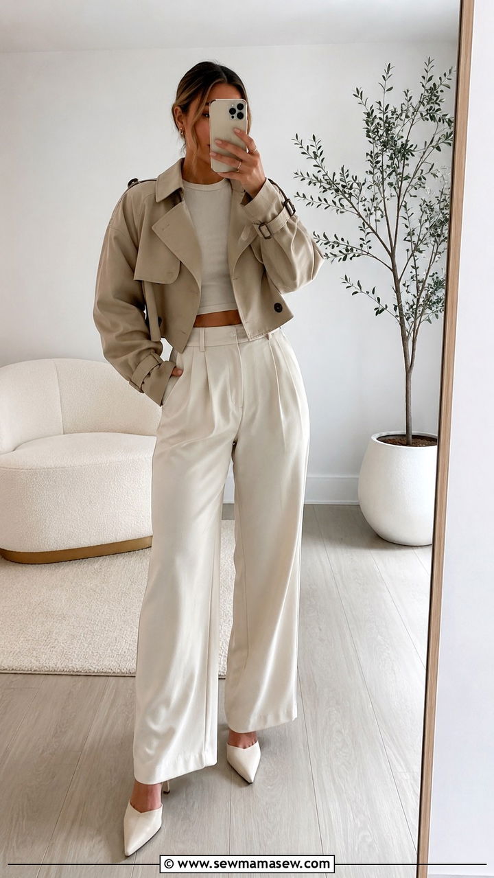 Cropped Trench Crop Top High Waist Pants Outfit - 25 transitional weekend outfit ideas