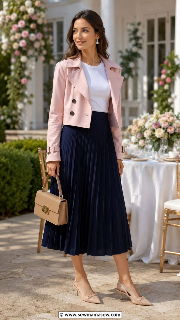 Cropped Trench Jacket With A Pleated Midi Skirt And Kitten Heels - 30 transitional outfits Pinterest