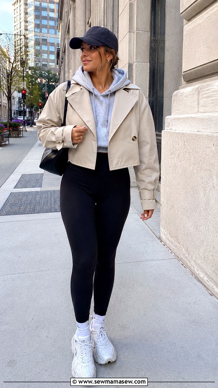 Cropped Trench Over Hoodie With Leggings And Sneakers Outfit - 25 Modest outfit ideas layering hacks
