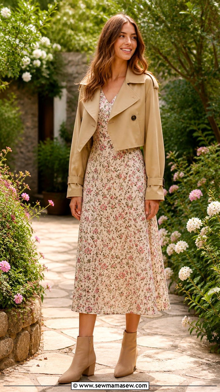 Cropped Trench Over a Floral Midi Dress and Ankle Boots - 40 casual cropped trench outfits