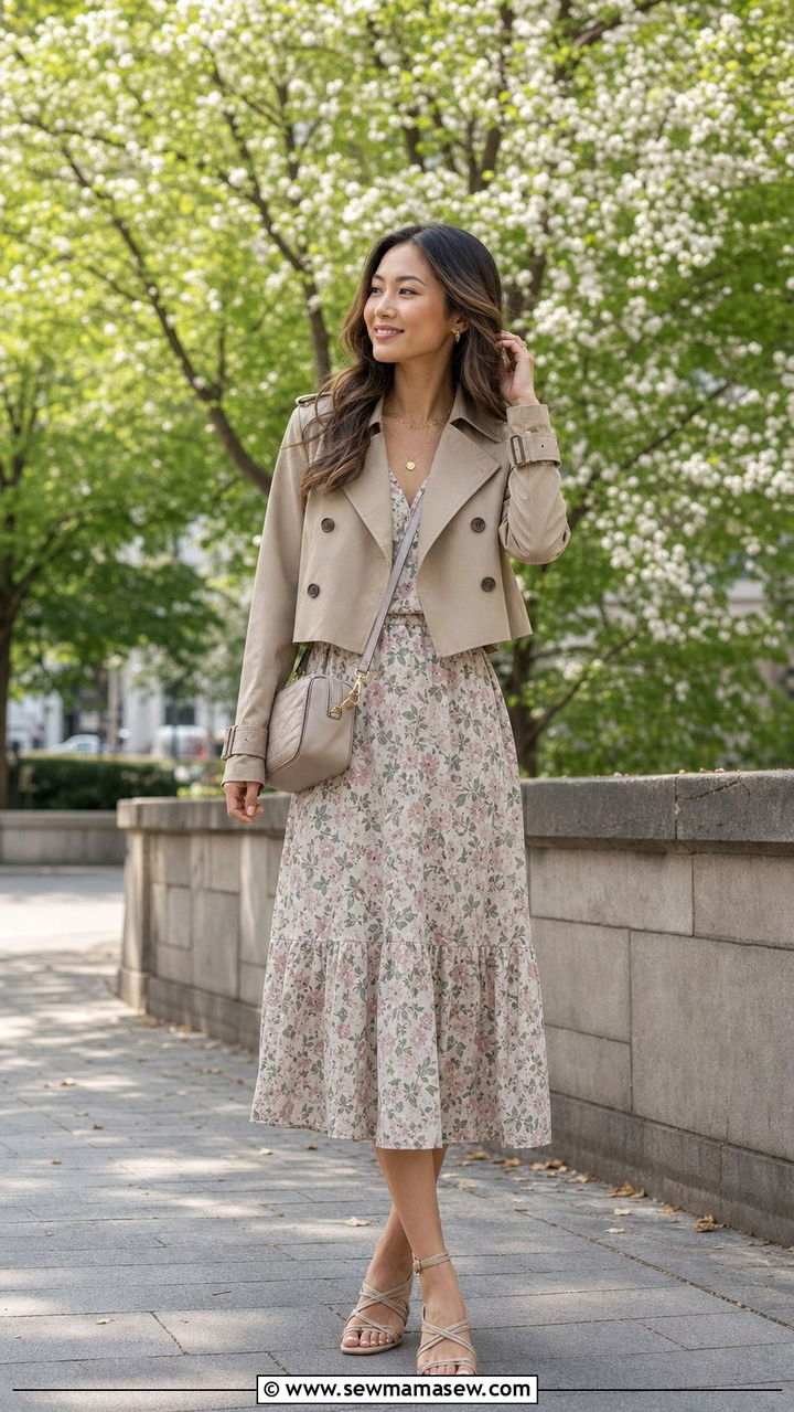 Cropped Trench Over a Midi Dress - 25 Dressy casual spring outfit ideas 2026