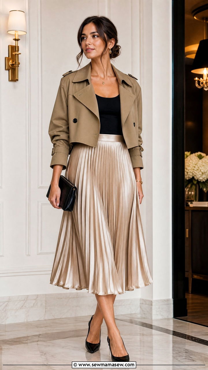 Cropped Trench Over a Pleated Midi Skirt - 30 cropped trench outfits ideas
