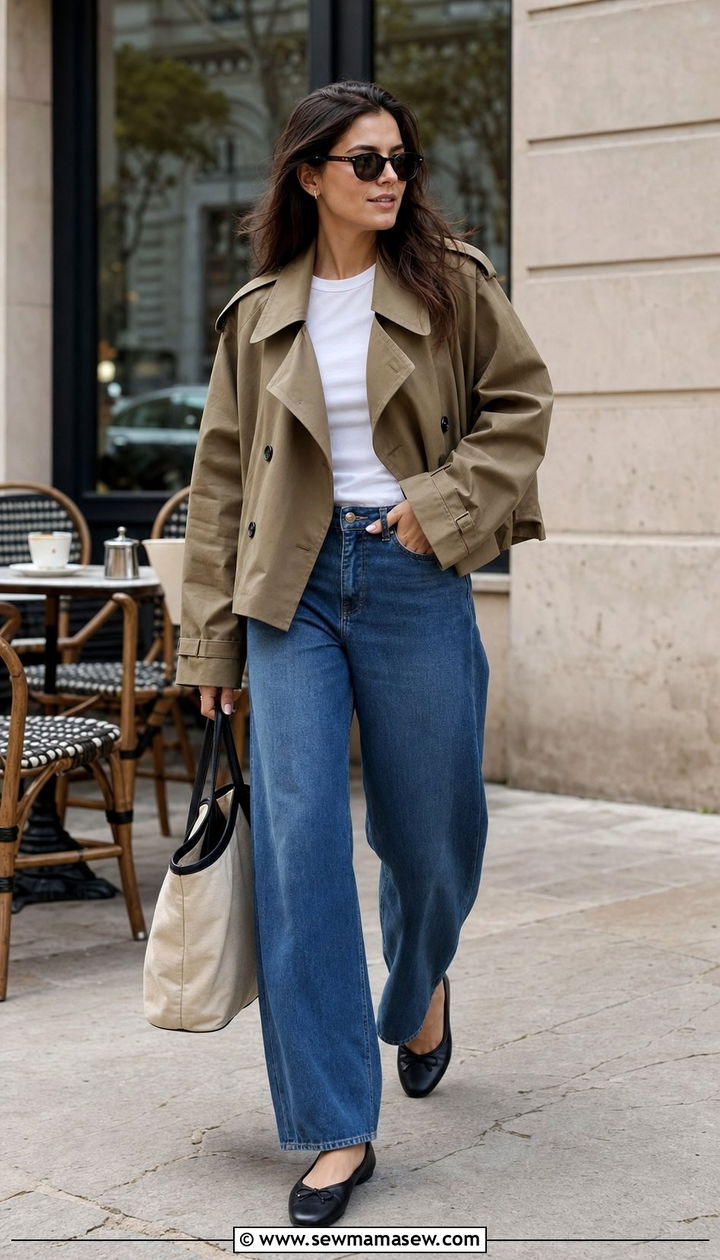 Cropped Trench With Barrel Leg Jeans and Ballet Flats - 25 cropped trench outfits 2026