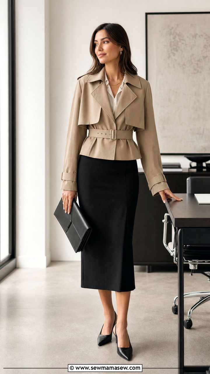 Cropped Trench With Column Skirt and Kitten Heels - 25 cropped trench outfits 2026