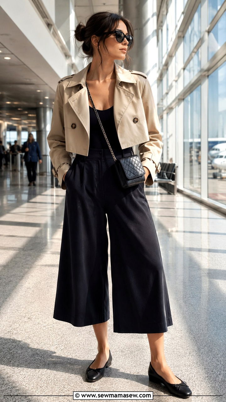 Cropped Trench With Culottes And Ballet Flats Airport Outfit - 25 Airport outfit ideas for Europe