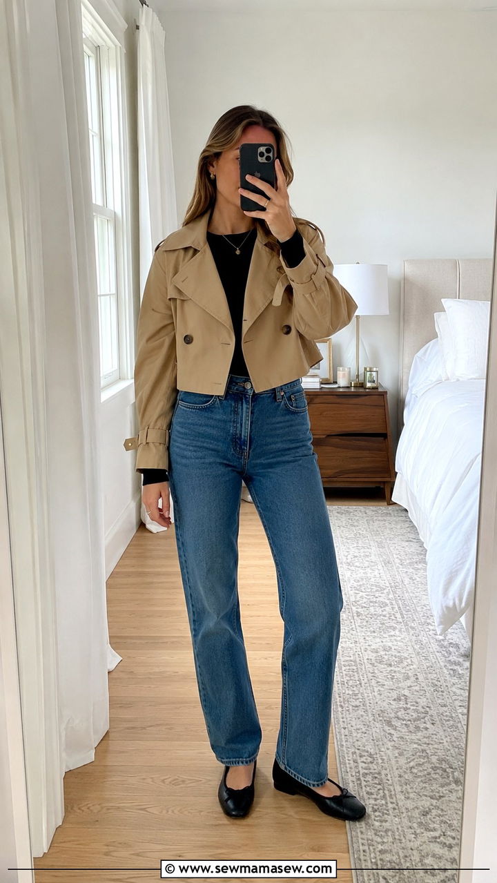 Cropped Trench With High Waisted Jeans and Ballet Flats - 30 transitional casual outfit ideas