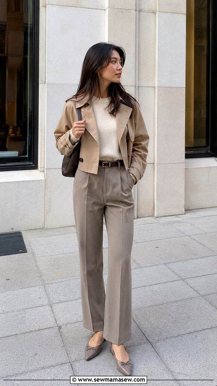 Cropped Trench With High Waisted Trousers - 30 transitional petite outfit ideas