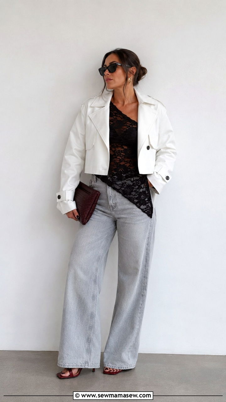 Cropped Trench With Lace Top And Heeled Sandals - 30 transitional everyday outfits for women