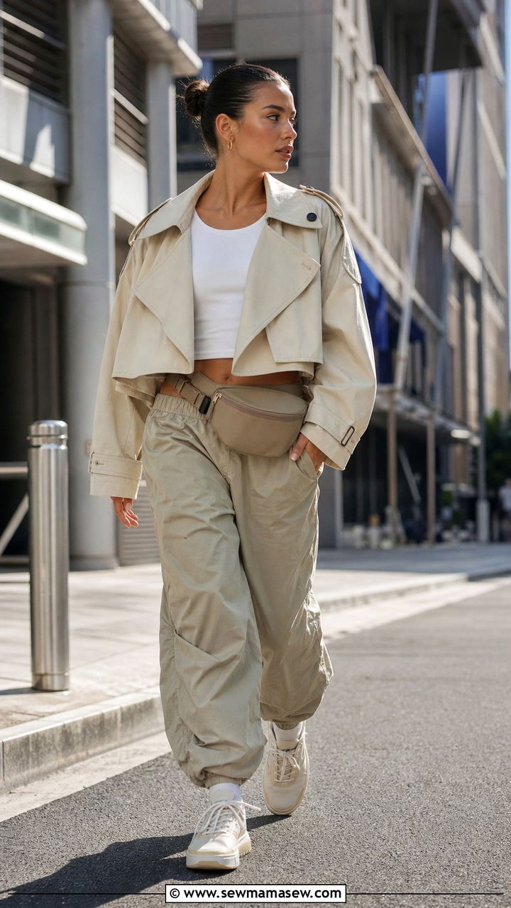 Cropped Trench With Parachute Pants and Sleek Sneakers - 25 cropped trench outfits 2026
