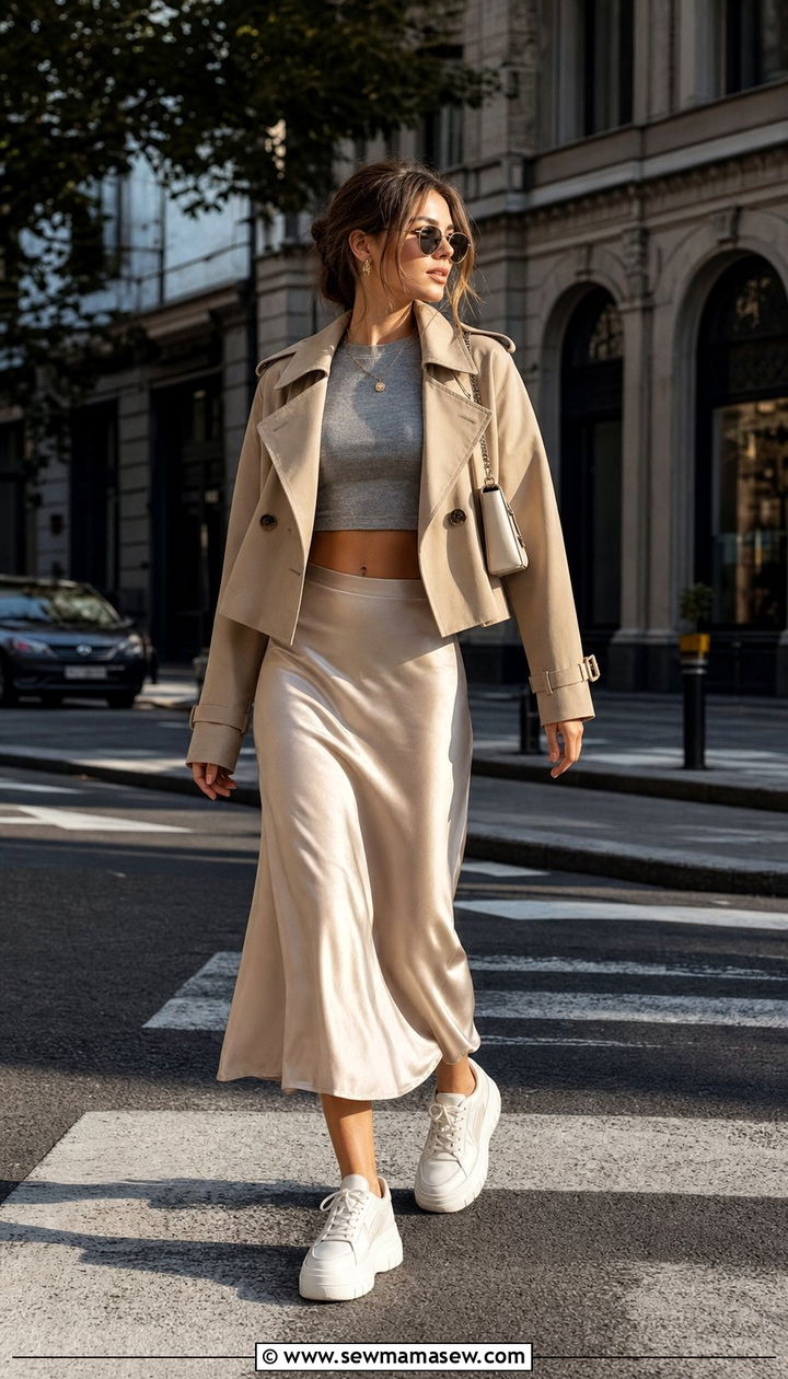 Cropped Trench With Satin Midi Skirt and Platform Sneakers - 25 cropped trench outfits 2026