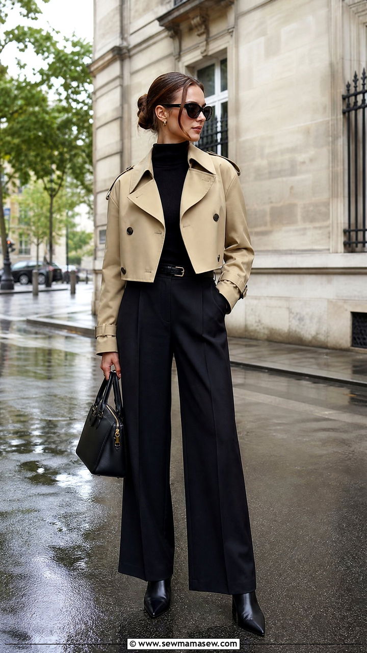 Cropped Trench and Wide Leg Trousers Spring Rain Outfit - 25 Spring rain outfit ideas