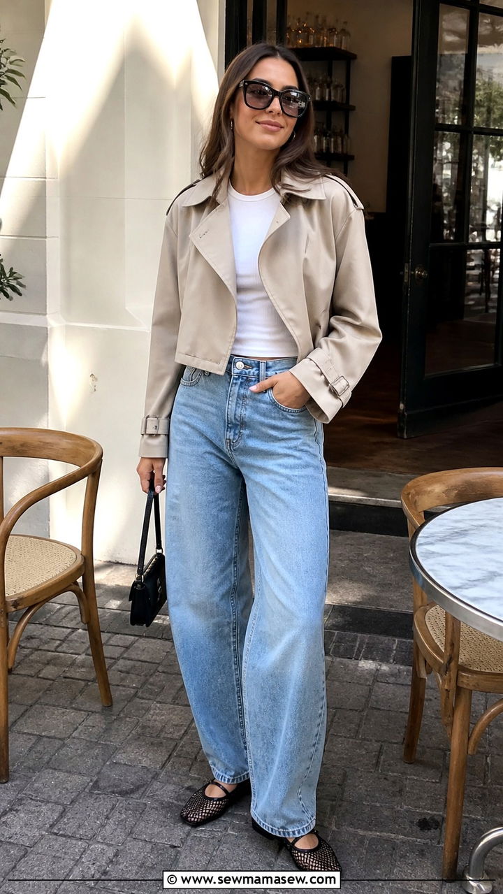 Cropped Trench with Barrel Leg Jeans and Mesh Flats - 40 casual cropped trench outfits