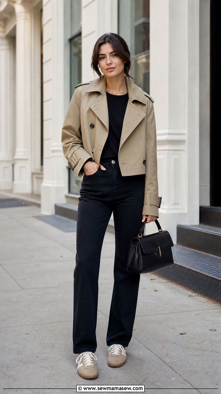 Cropped Trench with Black Jeans and Neutral Sneakers - 30 cropped trench outfits ideas