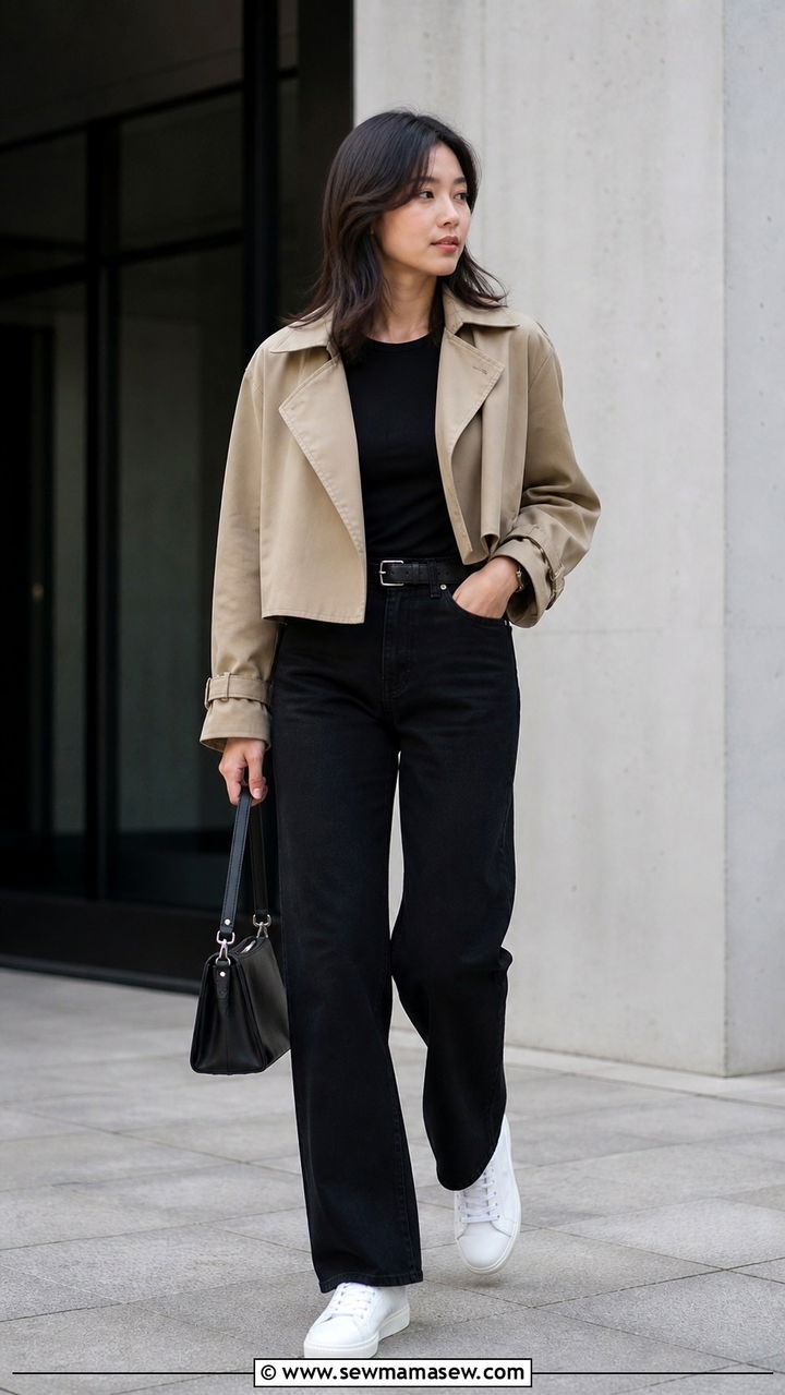Cropped Trench with Black Jeans and Neutral Sneakers - 40 casual cropped trench outfits