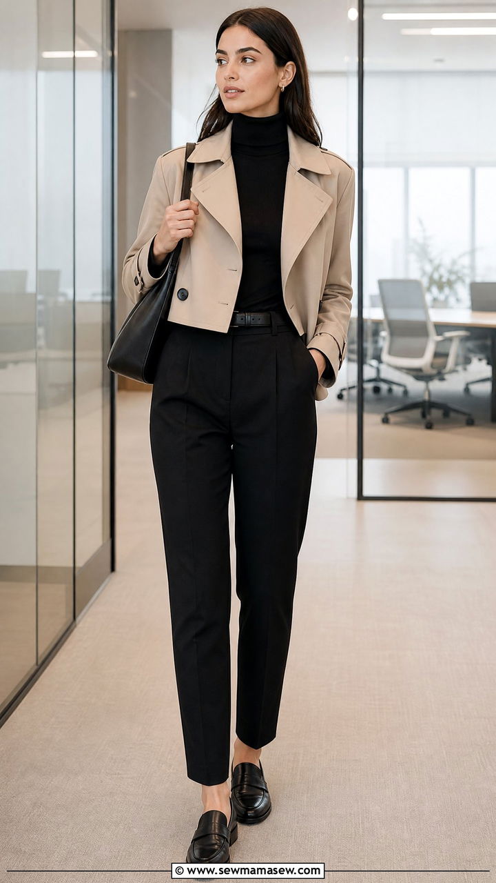 Cropped Trench with Black Turtleneck and Tapered Trousers - 30 cropped trench outfits ideas