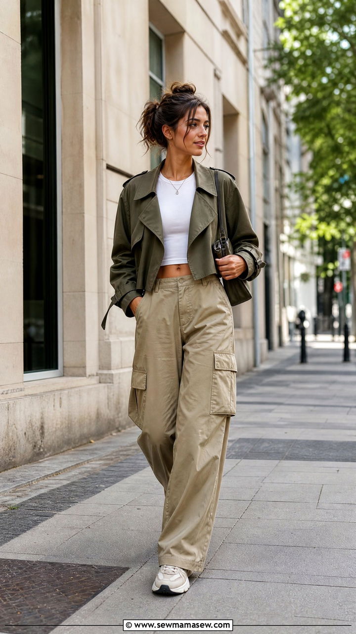 Cropped Trench with Cargo Pants and Crop Top - 30 cropped trench outfits ideas