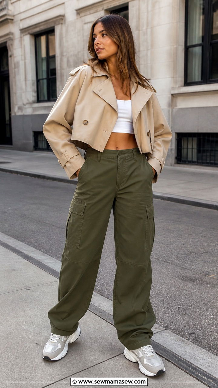 Cropped Trench with Cargo Pants and Crop Top - 40 casual cropped trench outfits