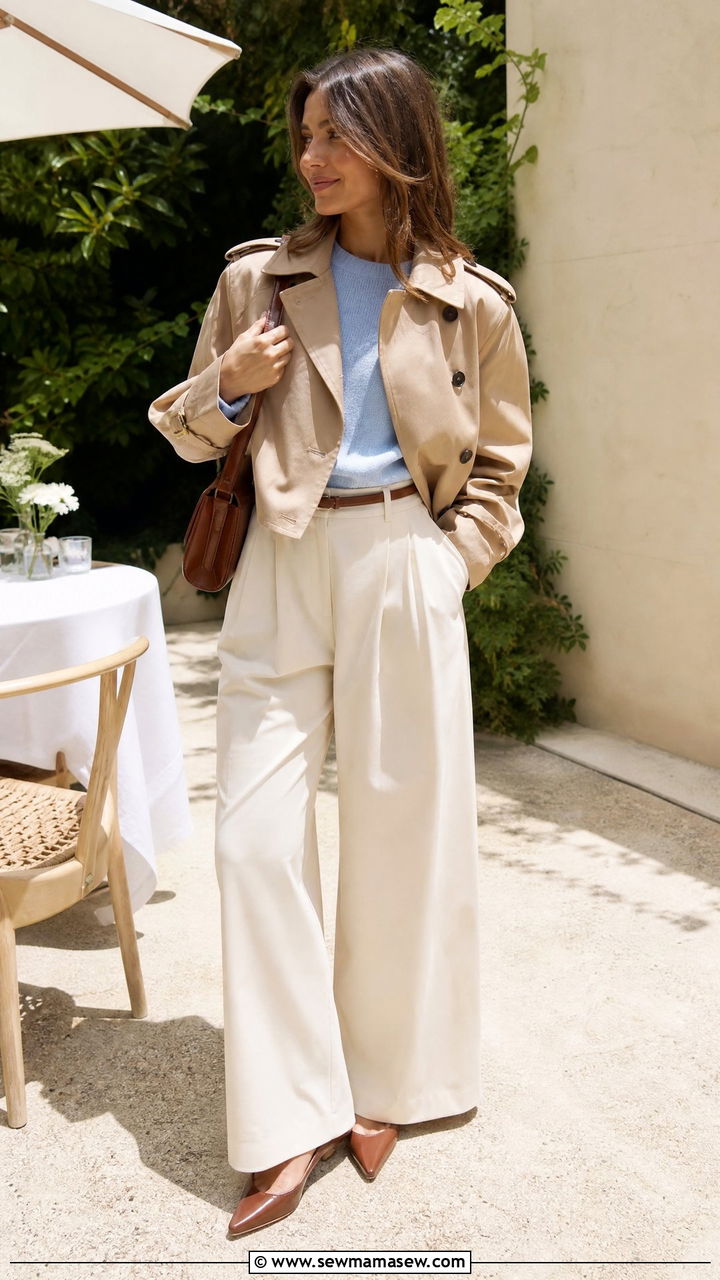 Cropped Trench with Cream Trousers and Baby Blue Knit - 30 cropped trench outfits ideas