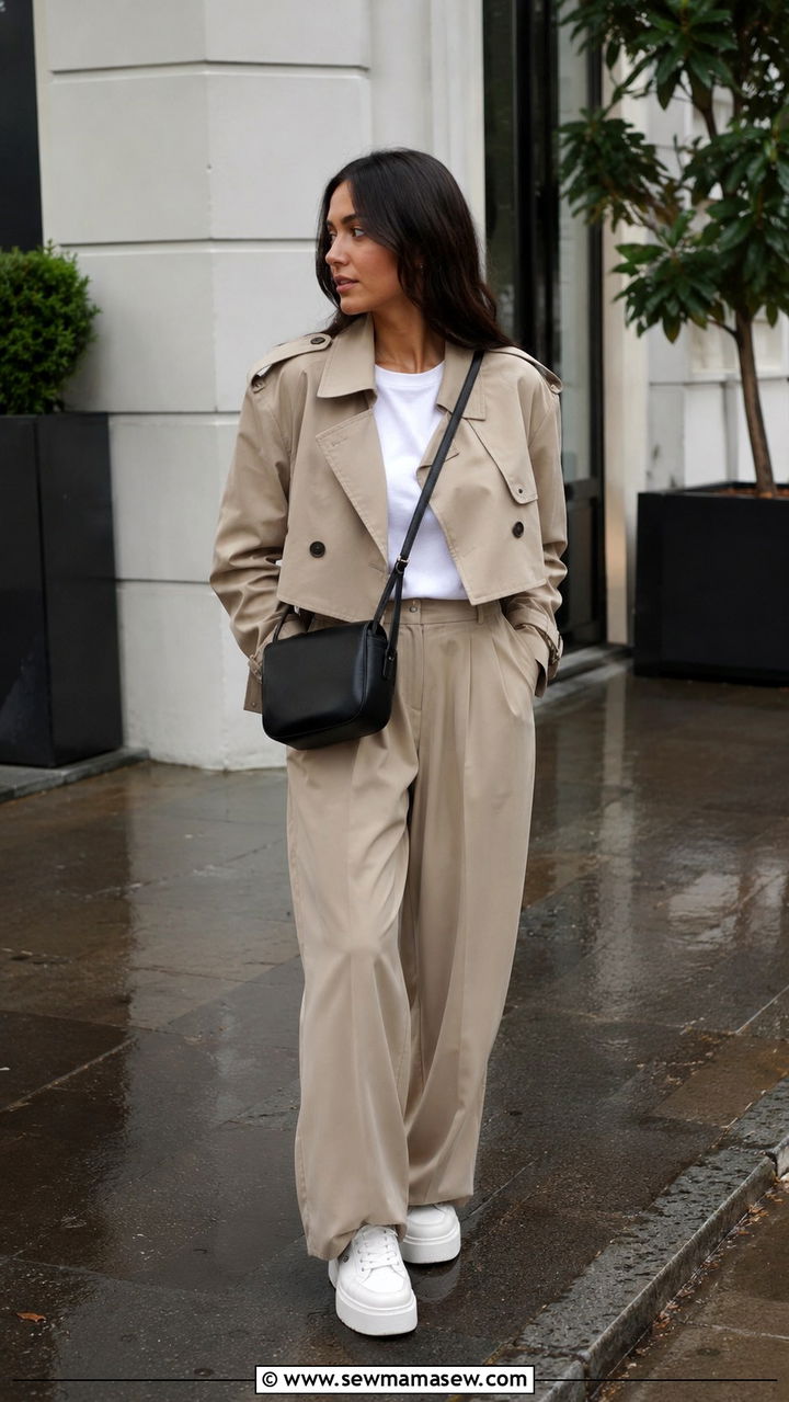 Cropped Trench with High Waist Wide Leg Pants and Platform Sneakers - 25 rainy day outfits inspo