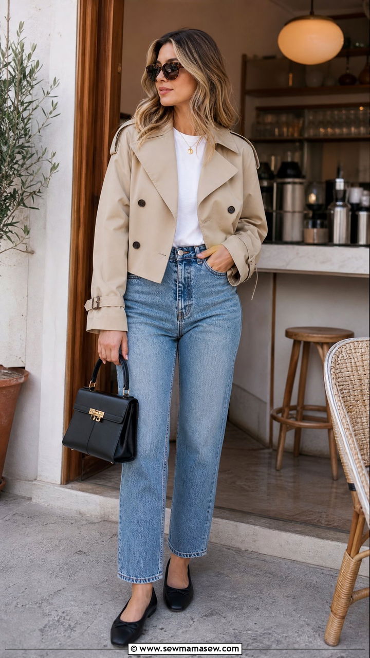Cropped Trench with High Waisted Jeans and Ballet Flats - 35 jacket outfits ideas