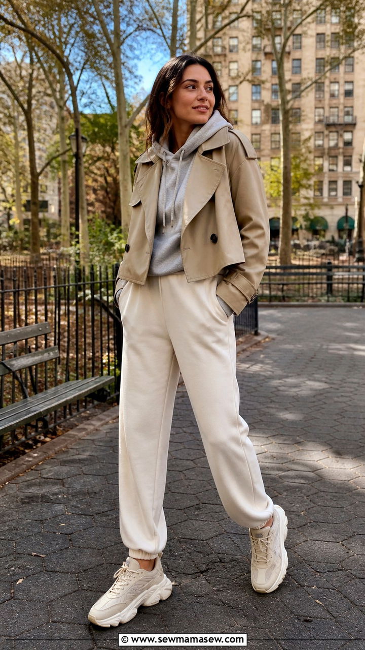 Cropped Trench with Joggers and a Hoodie - 40 casual cropped trench outfits