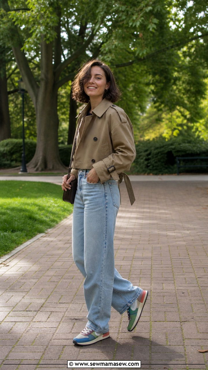 Cropped Trench with Light Wash Denim and Colorful Sneakers - 40 casual cropped trench outfits