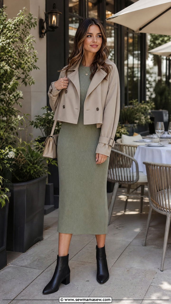Cropped Trench with Midi Dress and Ankle Boots Outfit - 20 Spring outfits for 55 degree weather