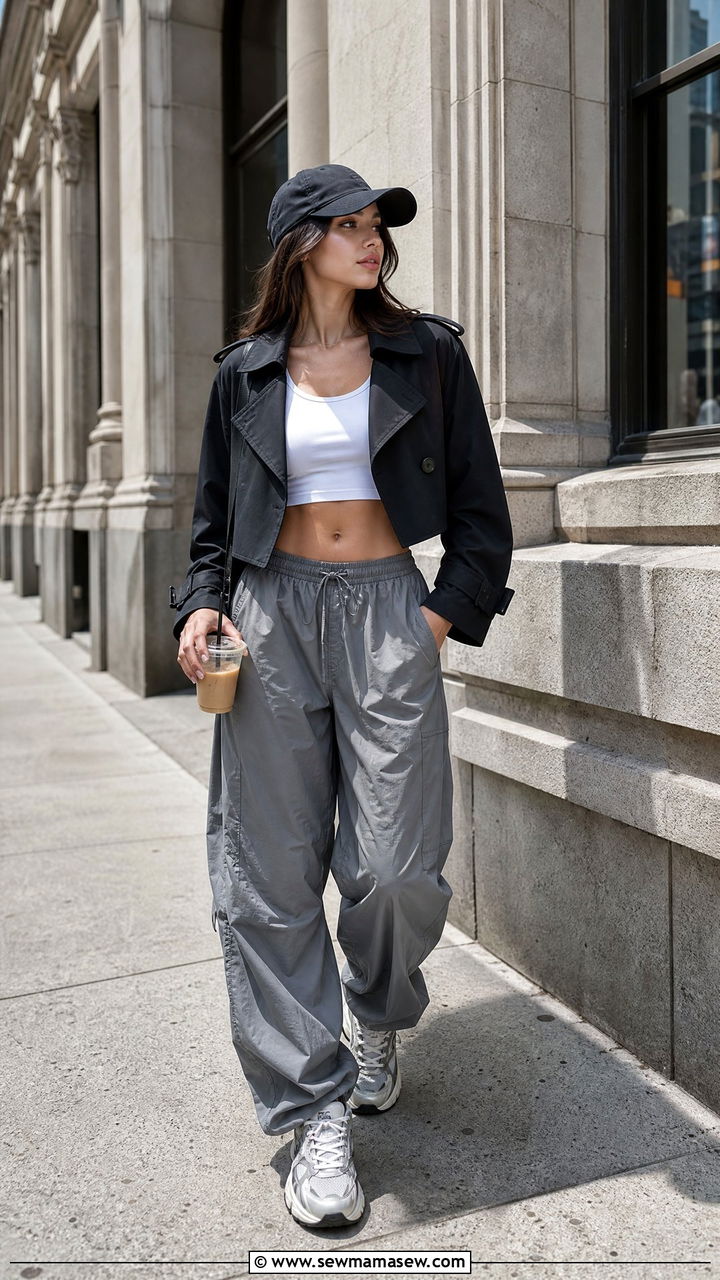 Cropped Trench with Parachute Pants and Chunky Sneakers - 30 cropped trench outfits ideas