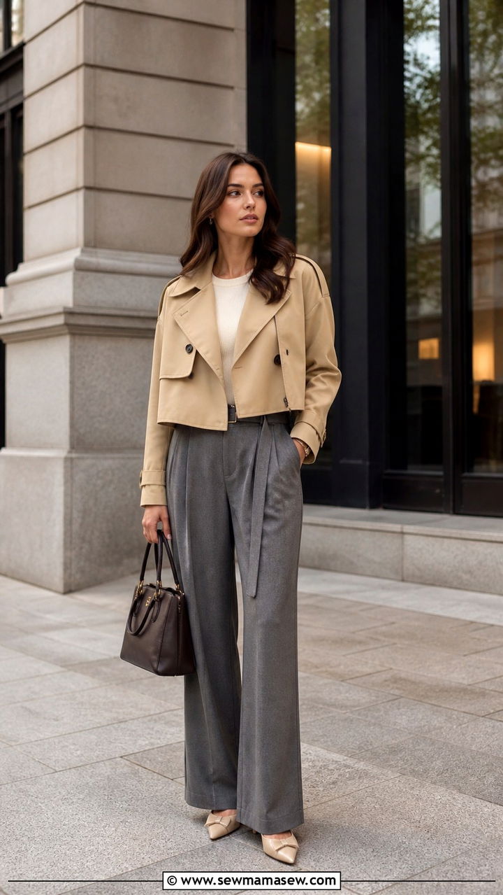 Cropped Trench with Pleated Trousers and Pointed Flats - 40 casual cropped trench outfits