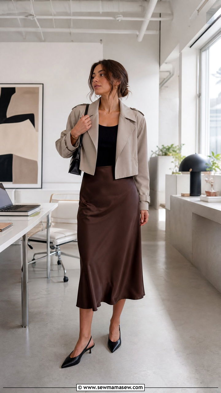 Cropped Trench with Satin Midi Skirt and Slingbacks - 30 cropped trench outfits ideas