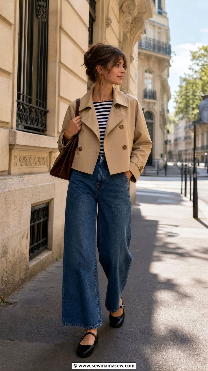 Cropped Trench with Striped Shirt and Wide Leg Jeans - 30 cropped trench outfits ideas
