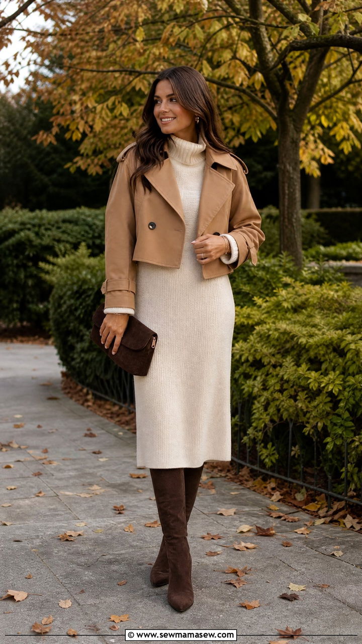 Cropped Trench with Sweater Dress and Suede Boots - 30 cropped trench outfits ideas