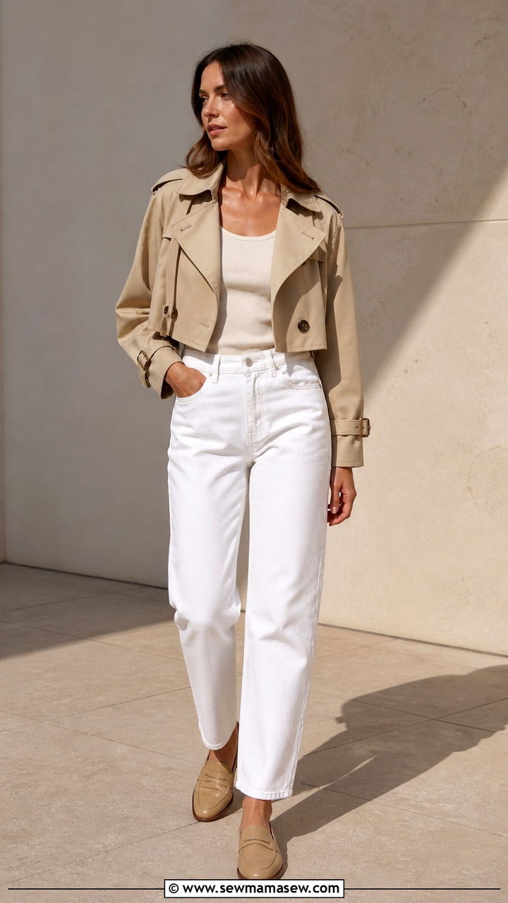 Cropped Trench with White Jeans and Tan Accessories - 40 casual cropped trench outfits