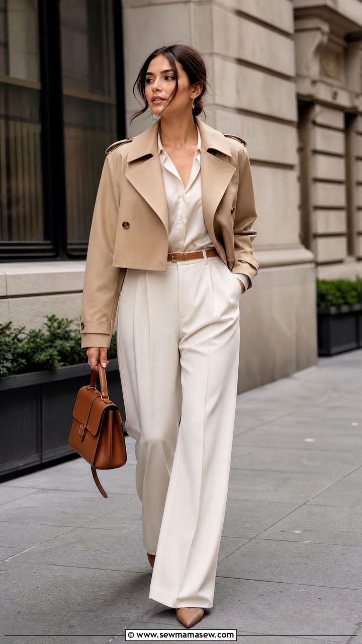 Cropped Trench with Wide Leg Trousers and Silk Blouse - 30 cropped trench outfits ideas