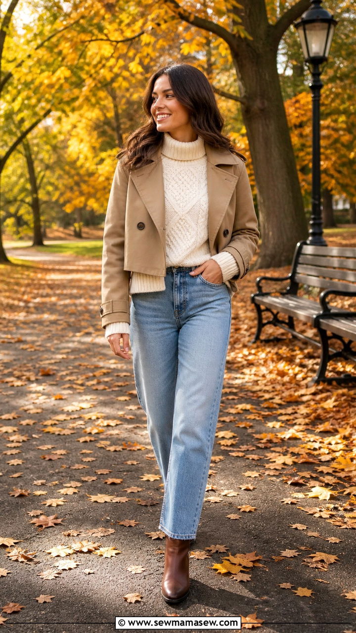 Cropped Trench with a Chunky Knit Sweater and Straight Leg Jeans - 40 casual cropped trench outfits