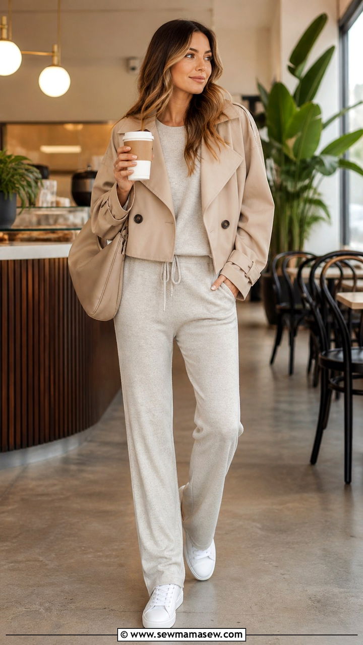 Cropped Trench with a Matching Knit Lounge Set - 40 casual cropped trench outfits