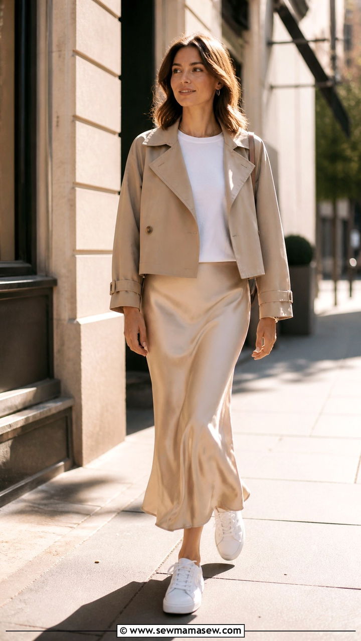 Cropped Trench with a Slip Skirt and Sneakers - 40 casual cropped trench outfits