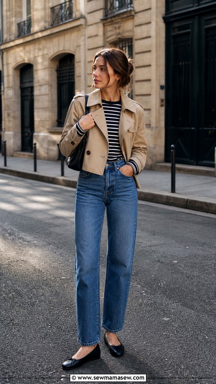 Cropped Trench with a Striped Breton Tee and Jeans - 40 casual cropped trench outfits
