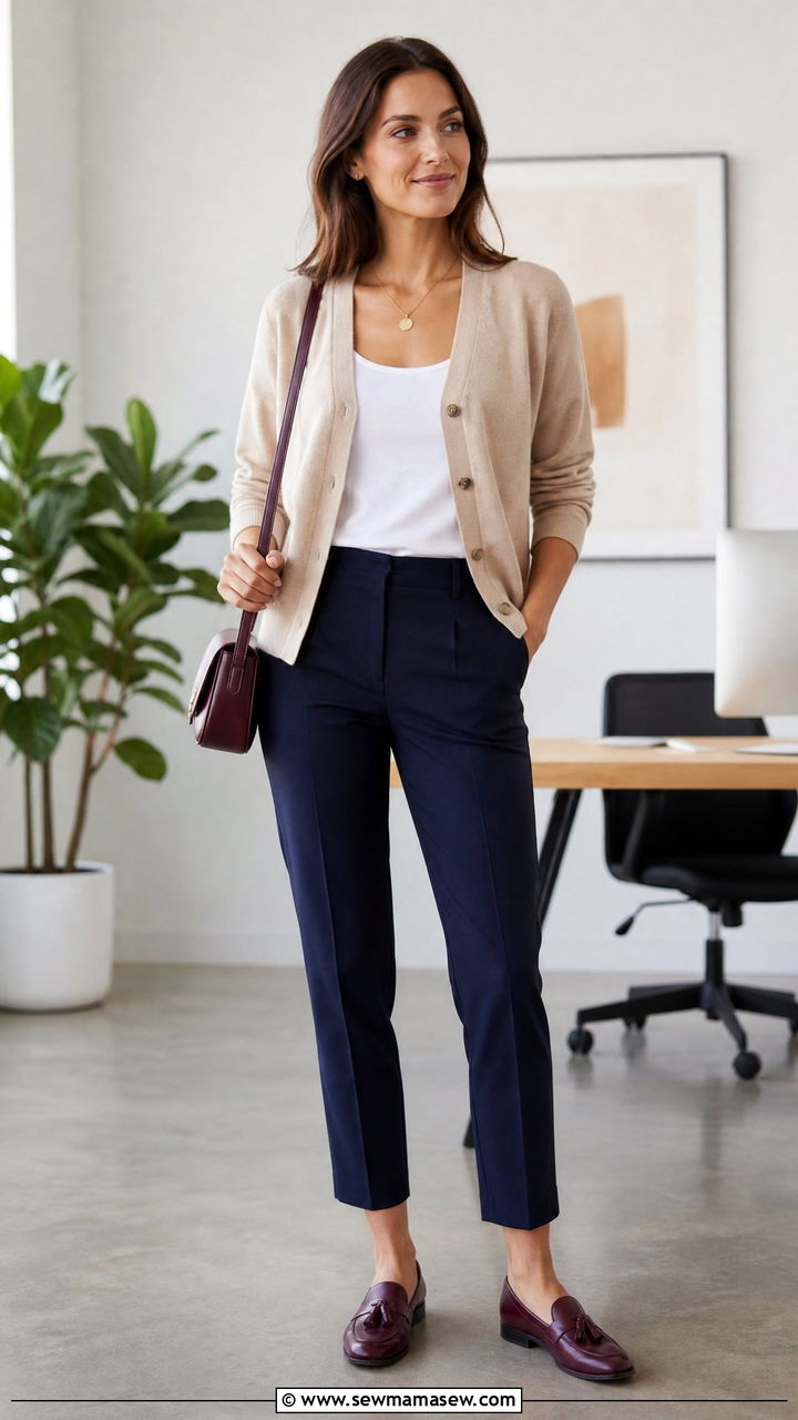Cropped Trousers With Cardigan And Tassel Loafers - 25 Business casual outfits with loafers