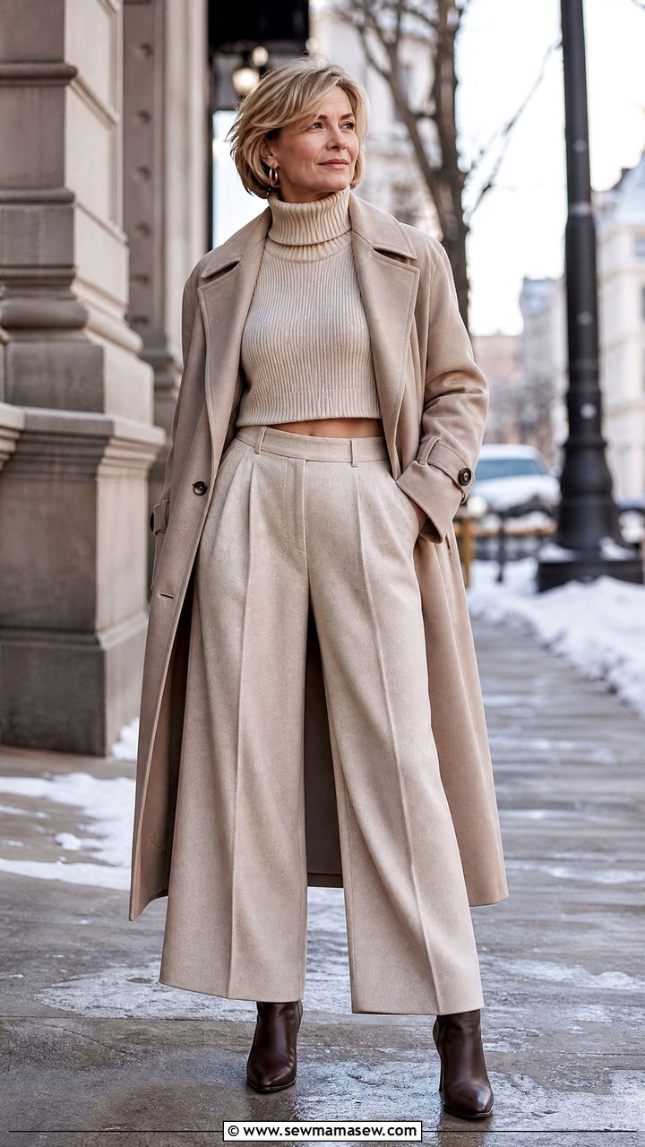 Cropped Turtleneck with Wide Leg Wool Trousers - 25 crop top outfits for women over 40