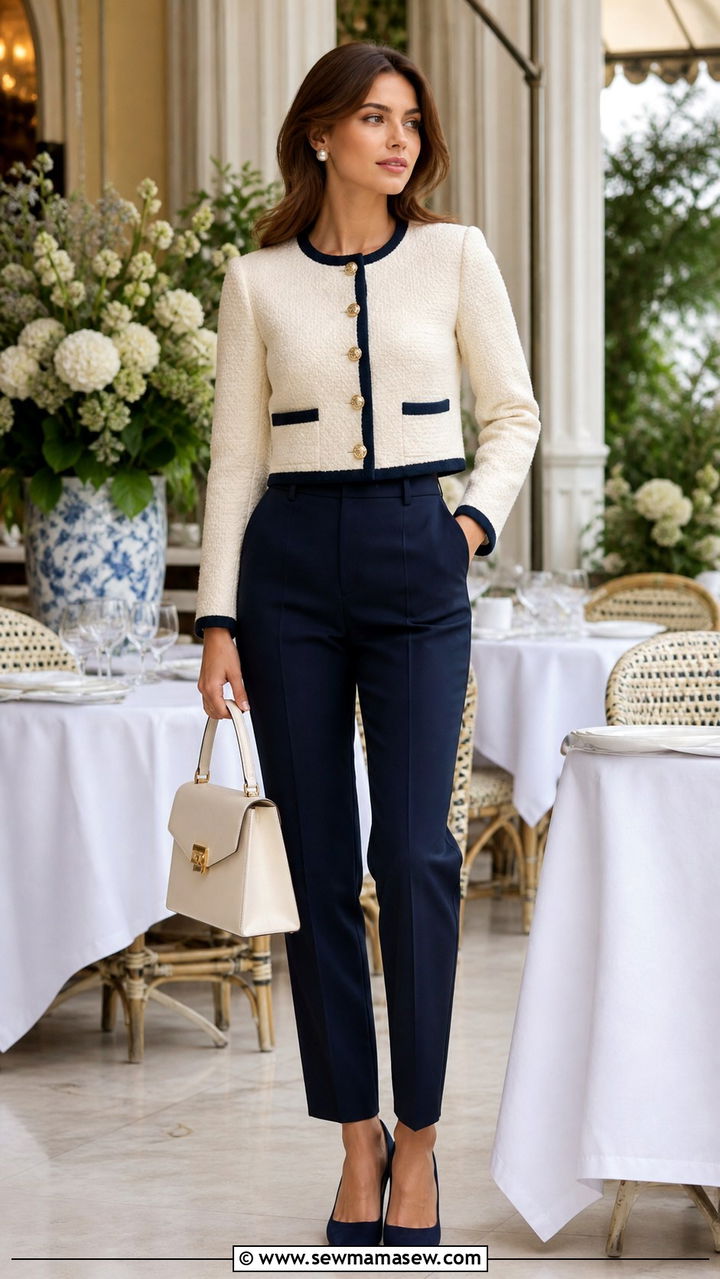Cropped Tweed Cardigan With High Waisted Trousers - 40 old money outfit ideas for women