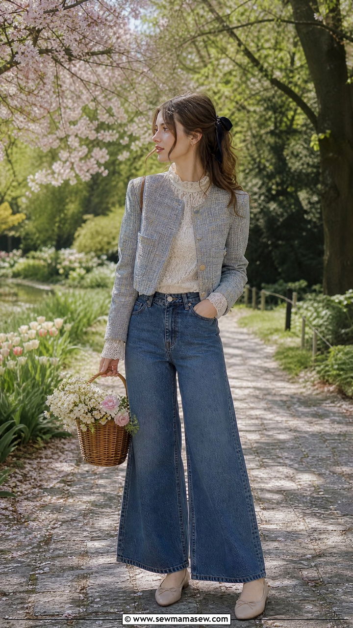 Cropped Tweed Jacket Lace Blouse And Wide Leg Jeans - 25 poetcore outfits
