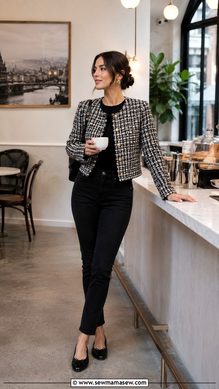 Cropped Tweed Jacket With Black Jeans And Ballet Flats - 30 Quiet luxury outfit ideas with jeans