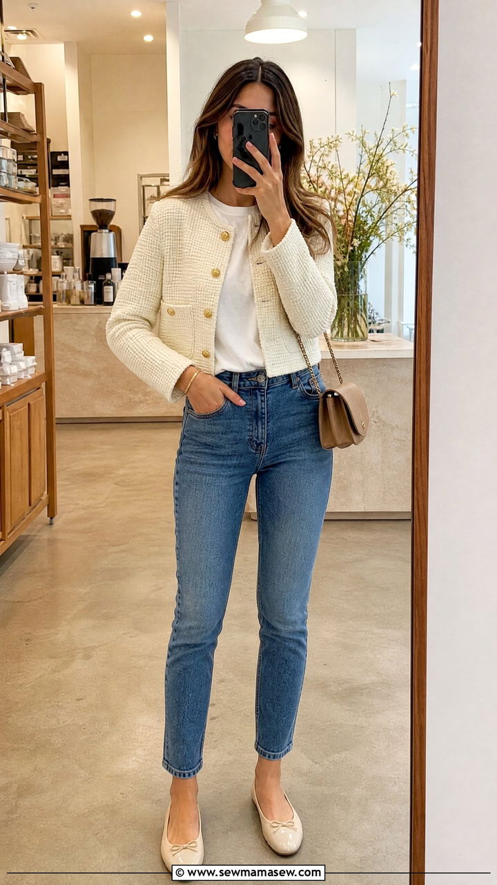 Cropped Tweed Jacket With Blue Jeans Outfit - 25 jacket outfits inspo