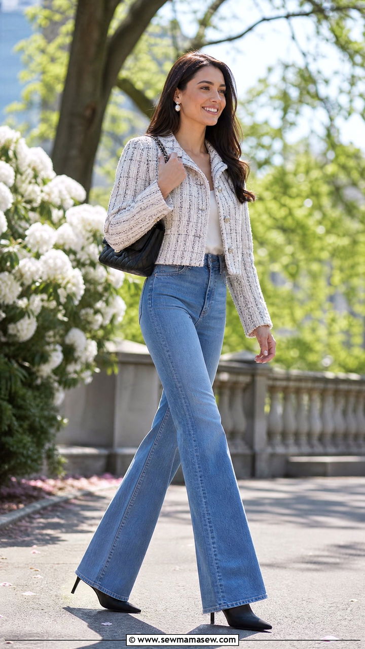 Cropped Tweed Jacket With High Waisted Flared Jeans - 25 Outfit ideas to create hourglass