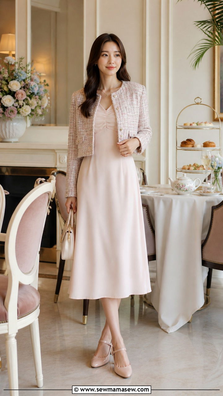 Cropped Tweed Jacket over Midi Dress with Mary Janes - 40 old money outfits ideas