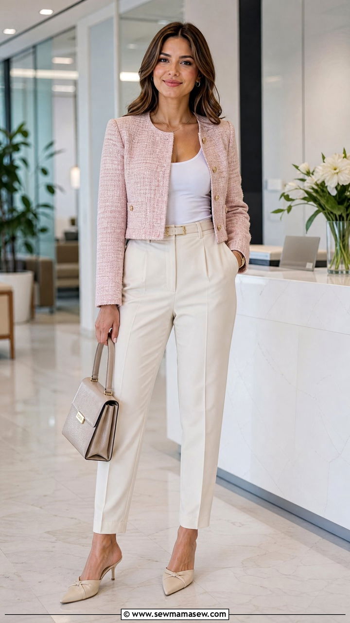 Cropped Tweed Jacket with High Waisted Trousers - 20 Spring outfits for rectangle body
